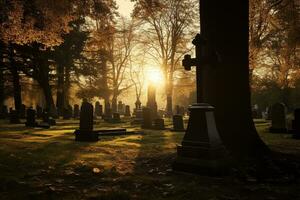 lápidas en un cementerio a amanecer ai generado foto