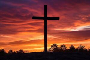 concepto o conceptual madera cruzar o religión símbolo forma terminado un puesta de sol cielo antecedentes bandera ai generado foto