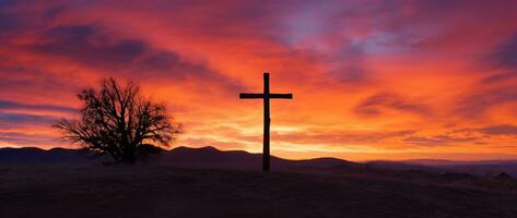 concepto o conceptual madera cruzar o religión símbolo forma terminado un puesta de sol cielo antecedentes bandera ai generado foto