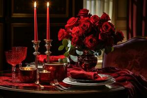 romántico mesa ajuste con rojo rosas, velas y lentes de vino.valentine concepto ai generado foto