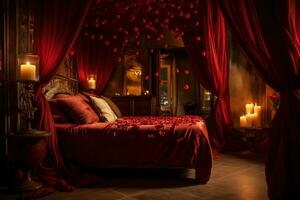 romántico habitación interior con rosado cortinas y rojo corazones. San Valentín día concepto. ai generado foto
