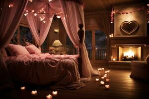 Romantic room interior with pink curtains and red hearts. Valentine's day concept. AI generated photo