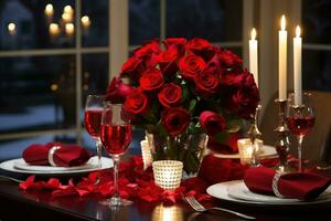 Romantic table setting with red roses, candles and glasses of wine.valentine concept AI generated photo