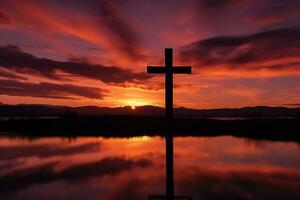 concepto o conceptual madera cruzar o religión símbolo forma terminado un puesta de sol cielo antecedentes bandera ai generado foto