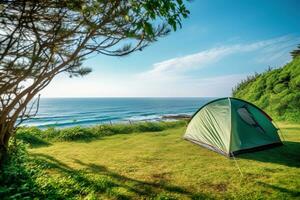 Camping tent and camping equipment on green grass with sea view background AI generated photo