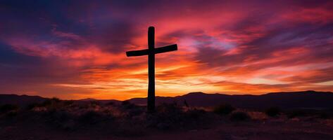 concepto o conceptual madera cruzar o religión símbolo forma terminado un puesta de sol cielo antecedentes bandera ai generado foto