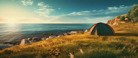 Camping tent and camping equipment on green grass with sea view background AI generated photo