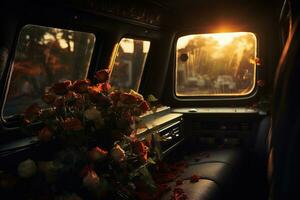 Beautiful flowers in a car at sunset. Concept of funeral. AI generated photo