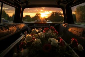 Beautiful flowers in a car at sunset. Concept of funeral. AI generated photo