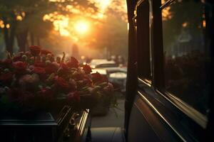 Beautiful flowers in a car at sunset. Concept of funeral. AI generated photo