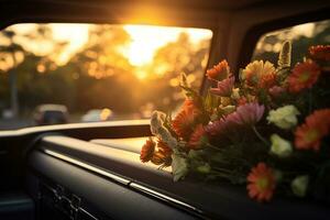 Beautiful flowers in a car at sunset. Concept of funeral. AI generated photo