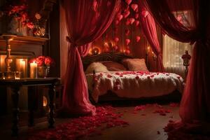 Romantic room interior with pink curtains and red hearts. Valentine's day concept. AI generated photo