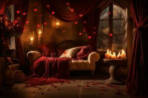 Romantic room interior with pink curtains and red hearts. Valentine's day concept. AI generated photo