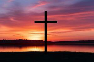 concepto o conceptual madera cruzar o religión símbolo forma terminado un puesta de sol cielo antecedentes bandera ai generado foto