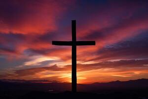 concepto o conceptual madera cruzar o religión símbolo forma terminado un puesta de sol cielo antecedentes bandera ai generado foto