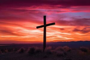 concepto o conceptual madera cruzar o religión símbolo forma terminado un puesta de sol cielo antecedentes bandera ai generado foto