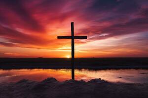 concepto o conceptual madera cruzar o religión símbolo forma terminado un puesta de sol cielo antecedentes bandera ai generado foto