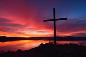 concepto o conceptual madera cruzar o religión símbolo forma terminado un puesta de sol cielo antecedentes bandera ai generado foto