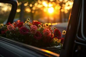 Beautiful flowers in a car at sunset. Concept of funeral. AI generated photo