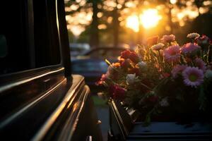 Beautiful flowers in a car at sunset. Concept of funeral. AI generated photo