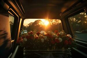 Beautiful flowers in a car at sunset. Concept of funeral. AI generated photo