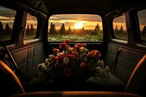 Beautiful flowers in a car at sunset. Concept of funeral. AI generated photo