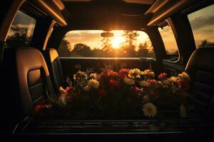 Beautiful flowers in a car at sunset. Concept of funeral. AI generated photo