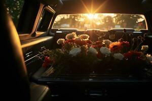 Beautiful flowers in a car at sunset. Concept of funeral. AI generated photo