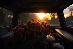 Beautiful flowers in a car at sunset. Concept of funeral. AI generated photo