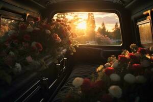 Beautiful flowers in a car at sunset. Concept of funeral. AI generated photo