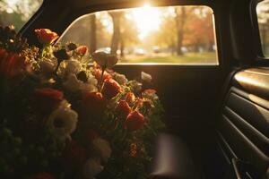 Beautiful flowers in a car at sunset. Concept of funeral. AI generated photo