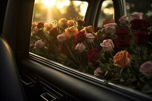 Beautiful flowers in a car at sunset. Concept of funeral. AI generated photo