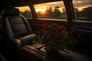 Beautiful flowers in a car at sunset. Concept of funeral. AI generated photo