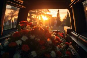 Beautiful flowers in a car at sunset. Concept of funeral. AI generated photo