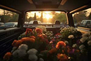 Beautiful flowers in a car at sunset. Concept of funeral. AI generated photo
