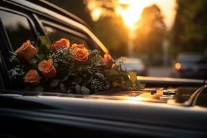 Beautiful flowers in a car at sunset. Concept of funeral. AI generated photo