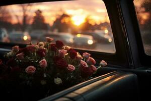 Beautiful flowers in a car at sunset. Concept of funeral. AI generated photo