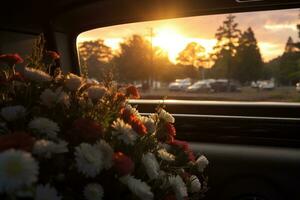 Beautiful flowers in a car at sunset. Concept of funeral. AI generated photo