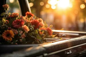 Beautiful flowers in a car at sunset. Concept of funeral. AI generated photo