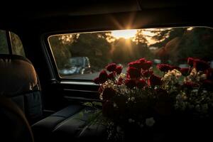 Beautiful flowers in a car at sunset. Concept of funeral. AI generated photo