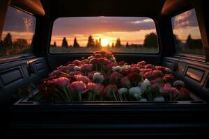 Beautiful flowers in a car at sunset. Concept of funeral. AI generated photo