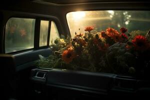 Beautiful flowers in a car at sunset. Concept of funeral. AI generated photo