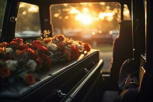 Beautiful flowers in a car at sunset. Concept of funeral. AI generated photo