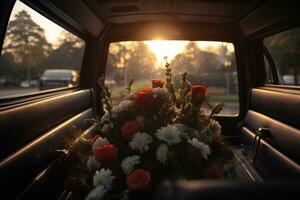 Beautiful flowers in a car at sunset. Concept of funeral. AI generated photo