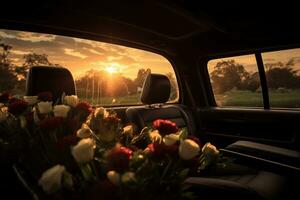 Beautiful flowers in a car at sunset. Concept of funeral. AI generated photo