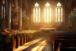 Interior of a church with a lot of flowers in the foreground.Funeral concept AI generated photo