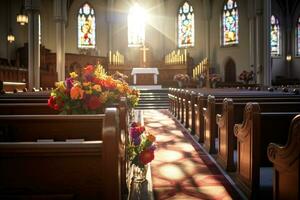 Interior of a church with a lot of flowers in the foreground.Funeral concept AI generated photo