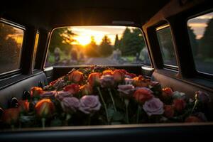 Beautiful flowers in a car at sunset. Concept of funeral. AI generated photo