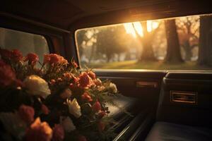Beautiful flowers in a car at sunset. Concept of funeral. AI generated photo