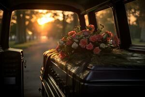 Beautiful flowers in a car at sunset. Concept of funeral. AI generated photo